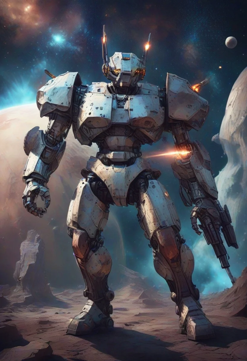 mecha,made of copper,science fiction,no humans,glowing,retro artstyle,space,star \(sky\),planet,earth \(planet\),space craft,starry sky,weapon,milky way
