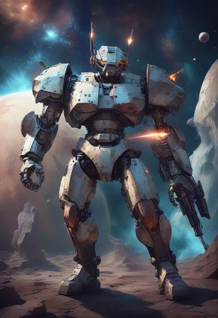 mecha,made of copper,science fiction,no humans,glowing,retro artstyle,space,star \(sky\),planet,earth \(planet\),space craft,starry sky,weapon,milky way