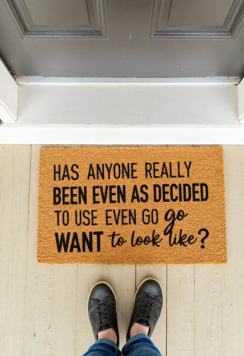 <lora:Welcome_Mat_Manufacturer_FLUX-000023:0.9>
The image is a photograph of a small outdoor entrance area, featuring a doormat with a humorous design. The doormat is rectangular and made of a textured, brown, coir material. It has a vibrant, whimsical design featuring the text "Has Anyone Really Been Far Even as Decided to Use Even Go Want to do Look More Like?"
