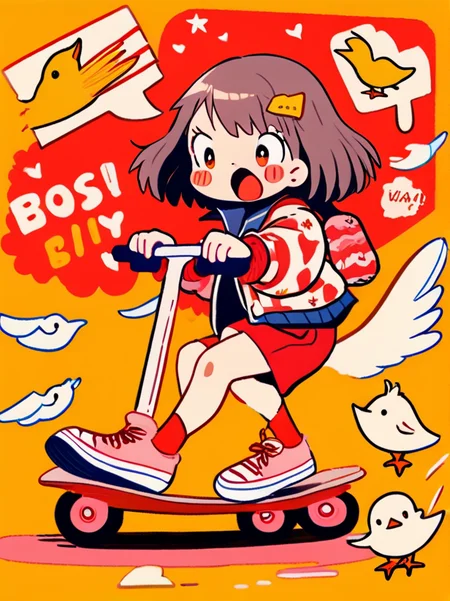 masterpiece, best quality,
cute doodle, 1girl, bird, shoes, solo, backpack, socks, open mouth, shorts, blue shorts, red footwear, yellow background, red eyes, brown hair, hair ornament, bag, long sleeves, short hair, heart, jacket, blush, bangs, riding, speech bubble
<lora:cutedoodle_XL-000012:0.8>