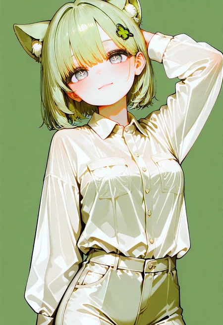 <lora:HandFixer_pdxl_Incrs_v1:1>, <lora:ê·¸ë¦¼ë³´ì  ìì ê¸°:0.5>,  <lora:ê·¸ë¦¼ë³´ì  ponyv6_noobV1_2_adamW-000017:1>, <lora:add-detail-xl:1.5>, <lora:NOOB_EPSv1_1_detailer_by_vlnvk_v1_0:1.5>, <lora:ê·¸ë¦¼ë³´ì  ìì¸íë:1>, <lora:ratatatat74_XL_v2:0.8>, <lora:748cmSDXL:0.6>, masterpiece, best quality, amazing quality, distinct, super_detail, finely_detailed, mishoujo, very aesthetic, absurdres, highly detailed, beautiful eyes, detailed eyes, Illustration, score_9, score_8_up, score_7_up, score_6_up, 1girl, solo, NSFW, (cowboy shot:1.5), 
looking at viewer, simple background, shirt, long sleeves, closed mouth, white shirt, monochrome, collared shirt, pants, arm up, see-through, head tilt, arm behind head, hand in own hair, white pants, shirt tucked in, hair behind ear, hand on own head, light_green background, light_green theme, light smile, 
<lora:ìºë¦­í°_ì´ìì¼:1>, green_hair, grey eyes, eyebrows_visible_through_hair, short hair, bangs, small breasts, blush, symbol-shaped_pupils, animal ears, animal ear fluff, hair ornament, ornament, hairclip,