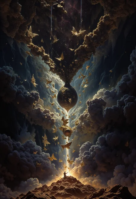 A surreal image of a floating, upside-down hourglass where the sand consists of shimmering metallic butterflies. As the sand flows upward, the butterflies flutter their wings, breaking apart into smaller particles of stardust. The hourglass floats in the center of a vast, liquid-like sky, with ripples of light radiating outward from the hourglass. The entire scene is bathed in ethereal light, with hints of glowing, molten gold swirling in the background. The perspective is slightly tilted, giving a disorienting yet mesmerizing effect.    <lora:dark_fantasy_flux:0.83> <lora:FredFraiStyle-FLUX-Share:0.63> <lora:sxz-Dark-Fantasy-v2-Flux:0.33> drkfnts style, <lora:flux.1_lora_flyway_Epic-Characters_v1:0.43>