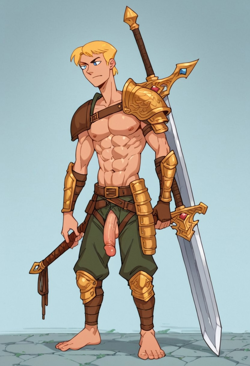 score_9, score_8_up, score_7_up, score_6_up, score_5_up, score_4_up, penis, 1boy, male focus, weapon, sword, solo, barefoot, holding sword, holding weapon, abs, armor, holding, full body, pants, single pauldron, shoulder armor, toned,
Jeremy, solo, blonde hair, 1boy, male focus, blue eyes,