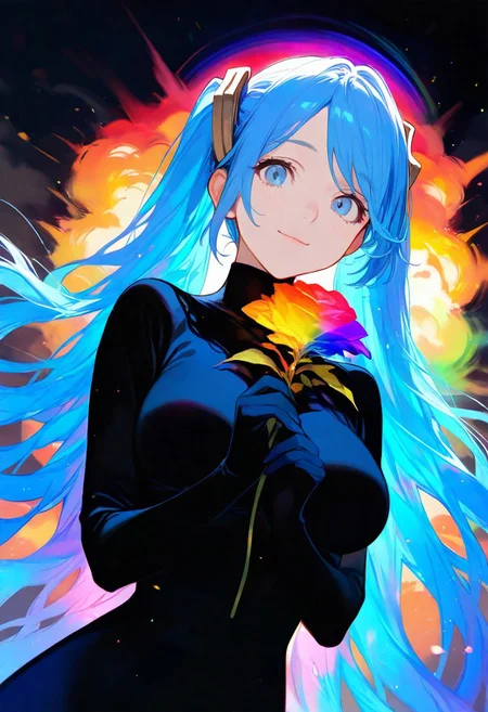 masterpiece, best quality, amazing quality, very aesthetic, absurdres,
1girl, Sona, league of legends, golden hairpins, large breasts, long turquoise hair, two tails hairstyle, long blue dress, two colored hair
,magic circles, sweet expression, looks at the flower, close-up of face, face in shadow, body in shadow, dark setting, beautiful black dress, gloves on her hands, thin lips, narrow mouth, cat's smile, solo upper body, angle from above, Dutch angle, hand near the face, holding a flower, rose, rainbow, crystal, fragile, transparent, luminous, magical rose, very beautiful, bright, multicolored, bright magical particles, smoke, fog, multicolored, small, colorful, explosion of colors, soft light, vibrant colors, multicolored rainbow light, focus on face, lots of soft light and colorful particles, colorful, masterpiece, best quality, amazing quality, very aesthetic, absurdres, newest, soft light, explosion of colors, masterpiece, best quality, colorful, bright, multicolored, bright colors of paint, masterpiece, best quality, amazing quality, very aesthetic, absurdres, lots of multicolored rainbow light, focus on the face, lots of soft light, soft colors, lots of colorful particles, dark, hard to see,