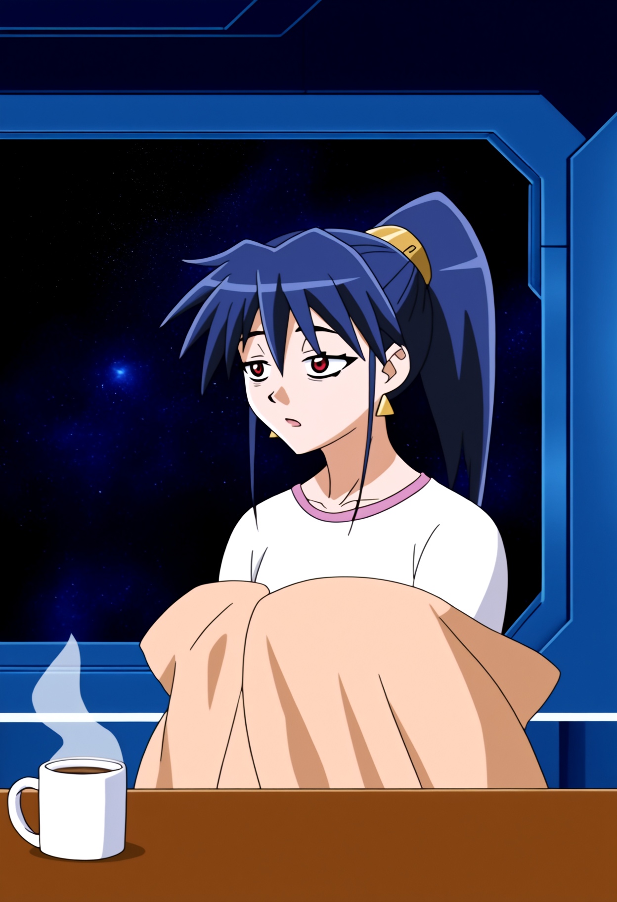 high quality, newest, hires, 1girl, misty cornwell, solo, q-chan,red eyes, tired,long hair,  blue hair,  ponytail, earrings,  space, indoors, scenery, shirt, white shirt, covering with blanket, coffee mug,
