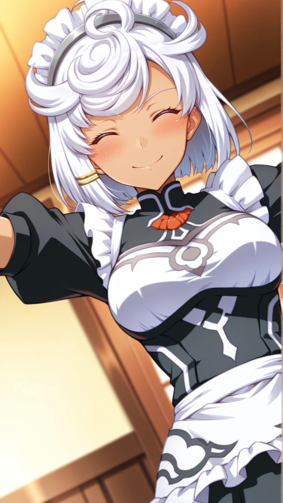 source_anime, general, best quality, masterpiece, 1girl, <lora:Tissisaaq_ill_v1.0:1> tissisaaq\(scarlet grace\),white hair, short hair, dark skin, dynamic pose, dutch angle, maid, maid headdress, maid apron, happy, embarrassed,  cowboy shot,