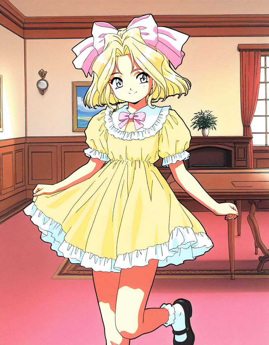 masterpiece, best quality, good quality, <lora:Iris_Chateaubriand_IS:1> IrisChateaubriand, blonde hair, pink bow, blue eyes, hair bow, short hair, 
smile, Yellow dress, mary janes, frills, 1990s (style), cowboy Shot, room,
 fujishima kousuke style, 1990s (style).