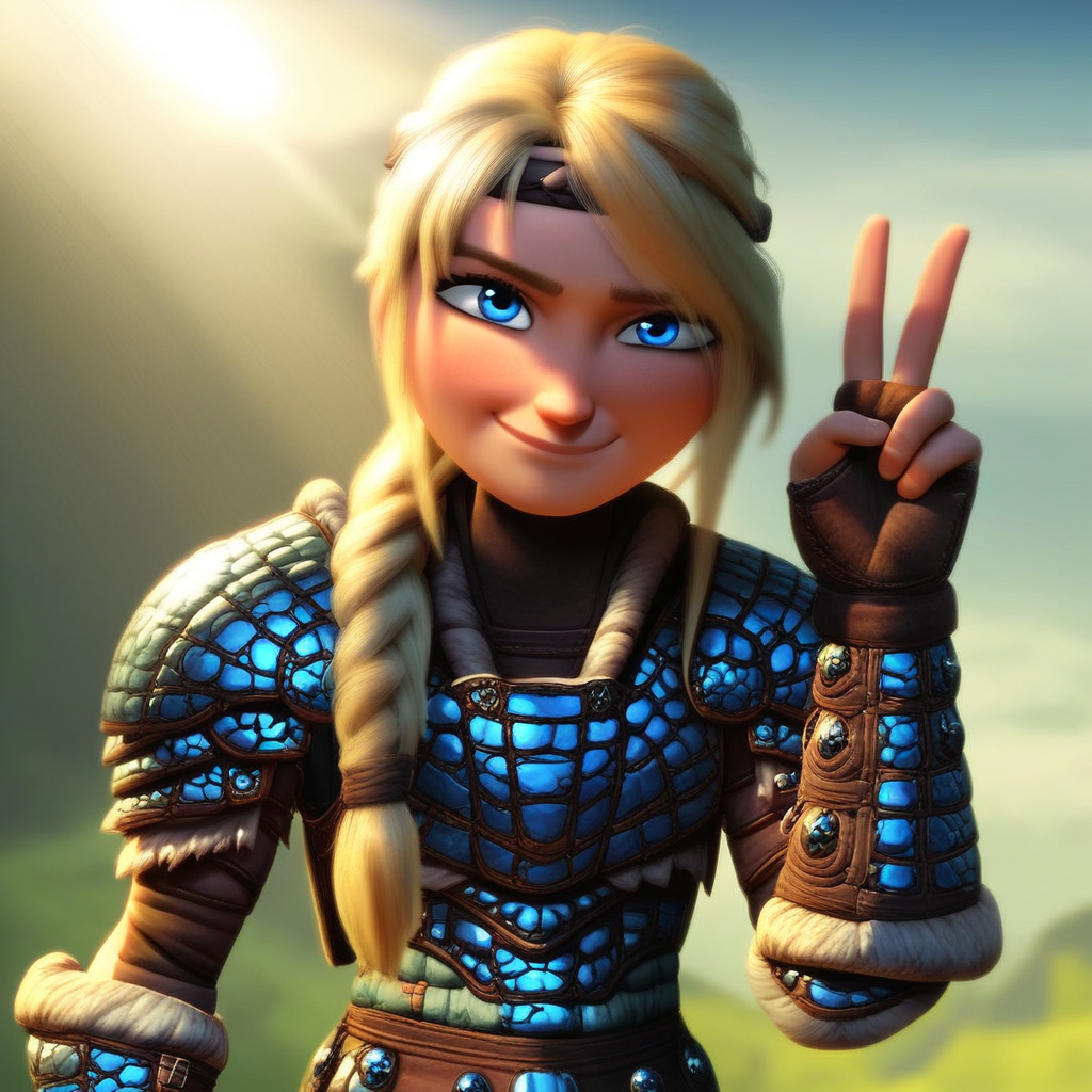 score_9, solo, astrid, blonde hair, long hair, headband, blue eyes, v, blue armor, smirk, v, outdoors, sunlight, natural lighting