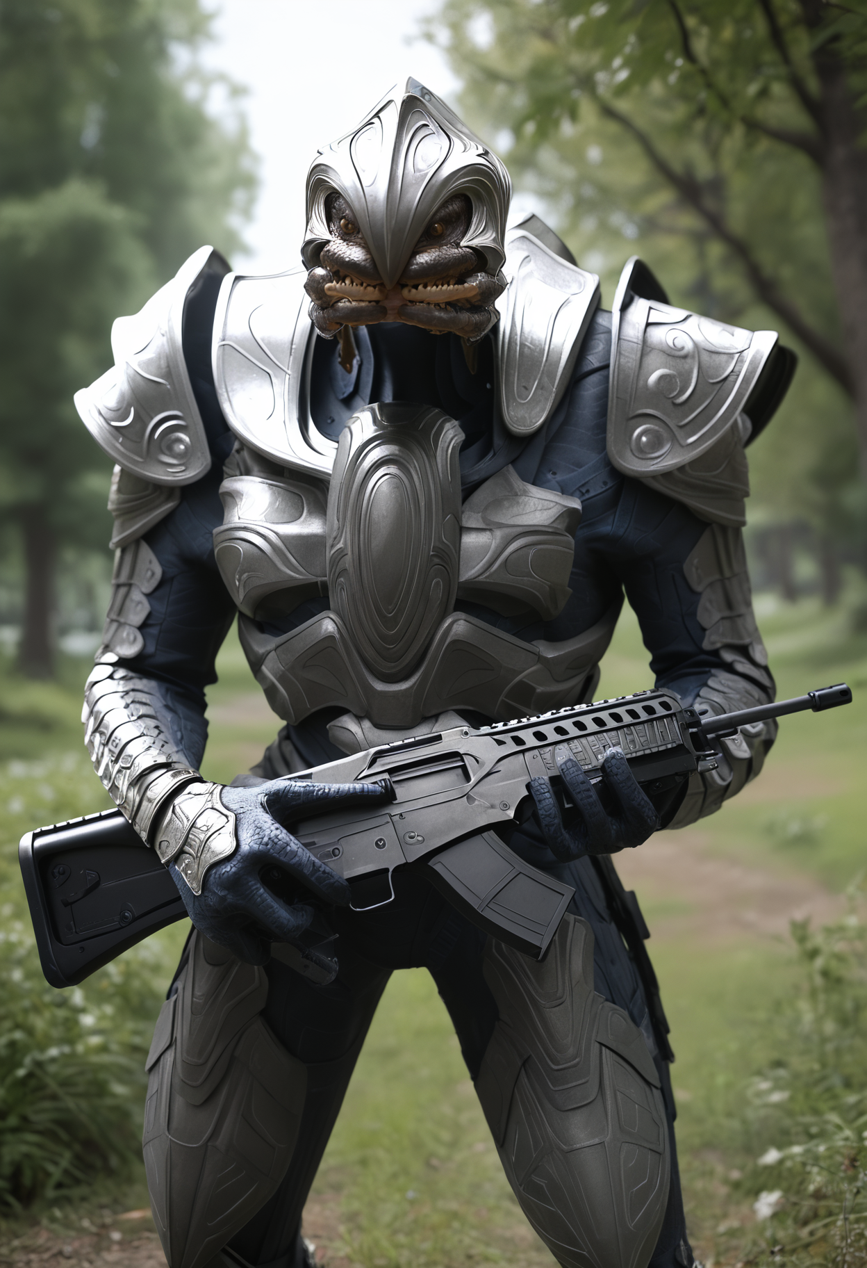 score_9, score_7_up, source_anime BREAK 1boy, solo, standing, <lora:arbiter-halo-richy-v1_pdxl:1> arbiter, grey armor, shoulder armor, mandibles, outdoors, science fiction, standing, assault rifle, machine gun, huge weapon, holding rifle