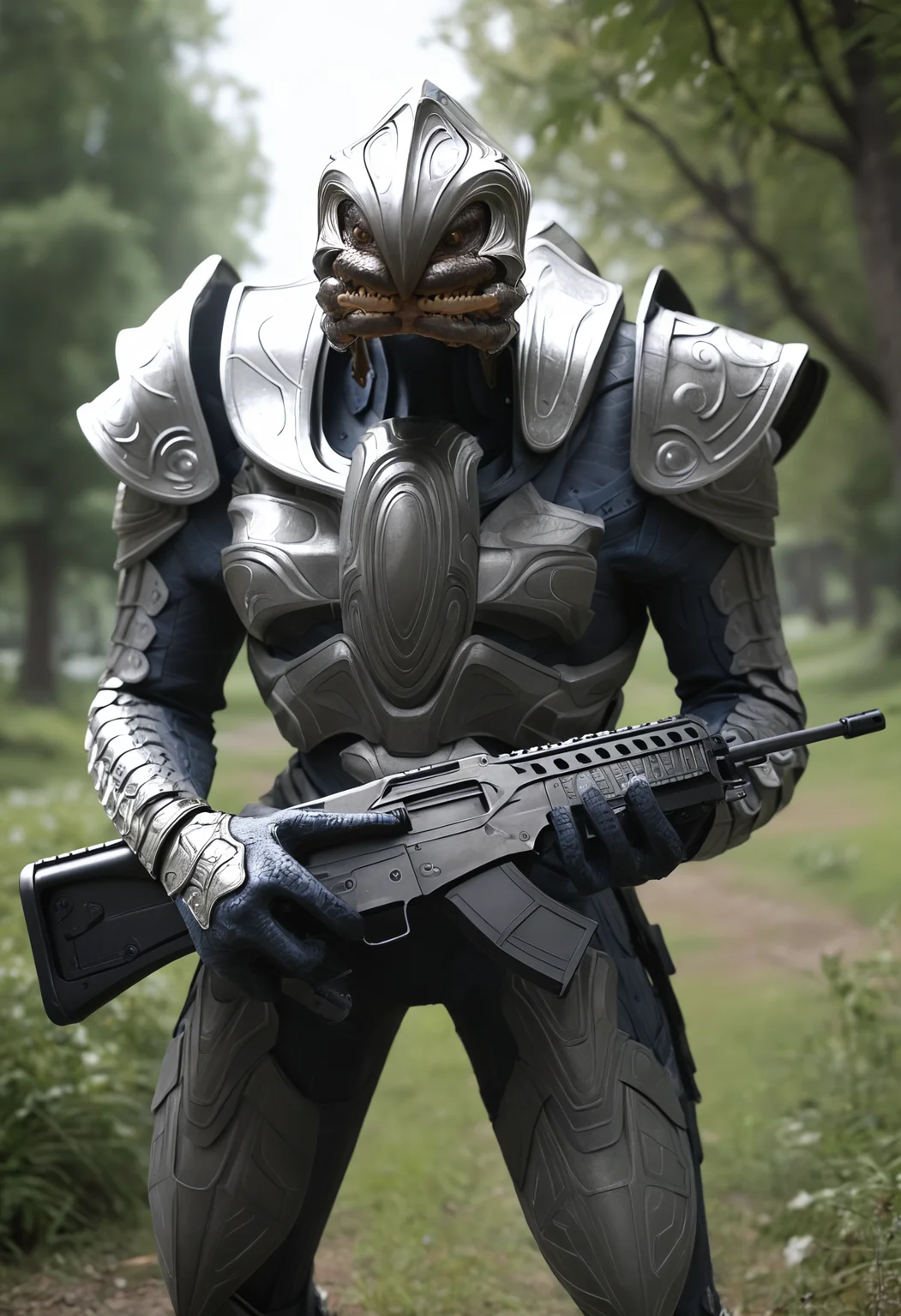 score_9, score_7_up, source_anime BREAK 1boy, solo, standing, <lora:arbiter-halo-richy-v1_pdxl:1> arbiter, grey armor, shoulder armor, mandibles, outdoors, science fiction, standing, assault rifle, machine gun, huge weapon, holding rifle