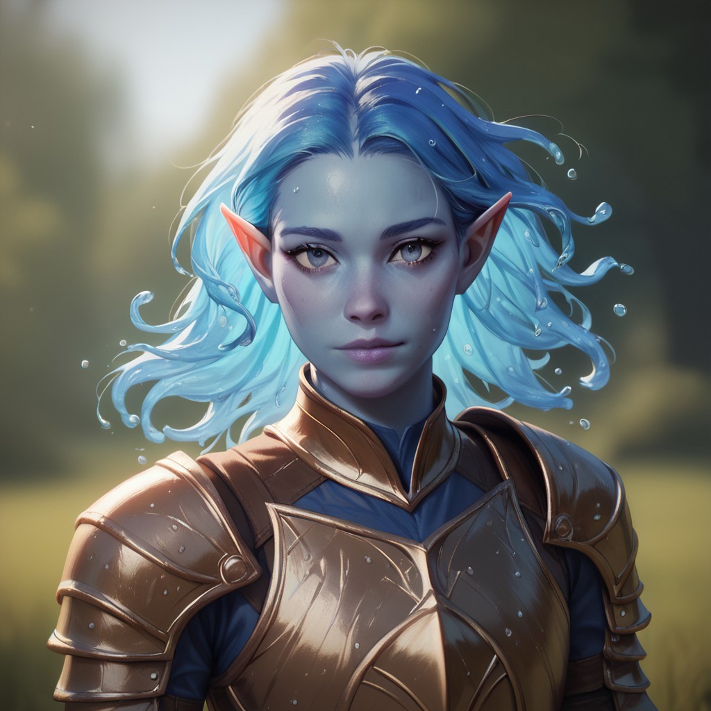 (((detailed, beautiful, high quality))), upper Body, score_9, score_8_up, score_7_up,
watergenasi, pointed ears, floating hair, liquid hair, wet clothes, wet body,
1 girl, blue skin, blue hair, armor,
looking at the viewer, posing, blurred background, blurred fantasy background,