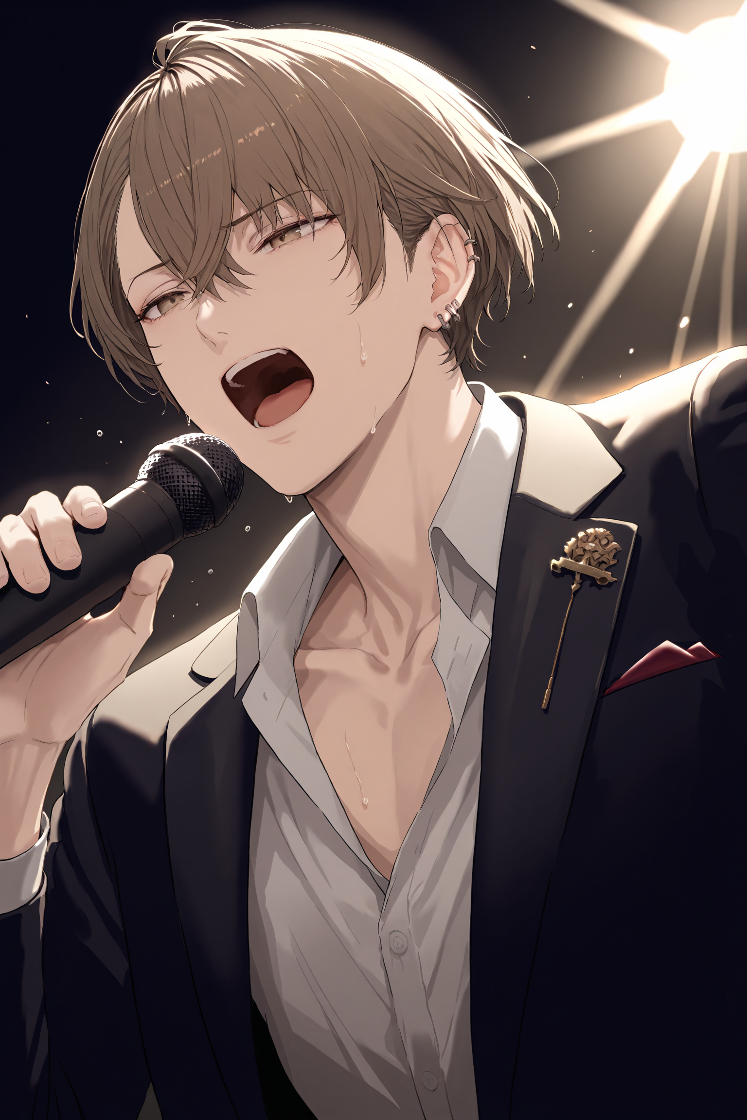 masterpiece, high score, great score, absurdres,
high resolution, photorealistic, backlighting,
1boy, solo, dynamic angle, upper body,
kagami hayato, kagami hayato 1st costume, 
A dynamic scene of kagami hayato, a young man with light brown hair and multiple earrings, passionately singing while gripping a microphone on a brightly lit stage in a live concert venue by red light. He is dressed in a stylish suit, open jacket, loose shirt, collarbone, looking at another, shouting, half-closed eyes, few sweat, and the background features vibrant stage lights and an enthusiastic audience.
<lora:kp_KagamiHayatoAnimagineXL_v1:1.0>