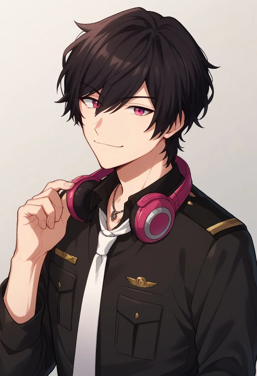 score_9, score_8_up, score_7_up, source_anime, highly detailed,
faithbeams, 1boy, male focus, necktie, solo, headphones, black hair, looking at viewer,
headphones around neck, smile, white necktie, shirt, upper body, black shirt,
pink eyes, hand up, closed mouth, necklace, hair between eyes, jewelry, bangs,