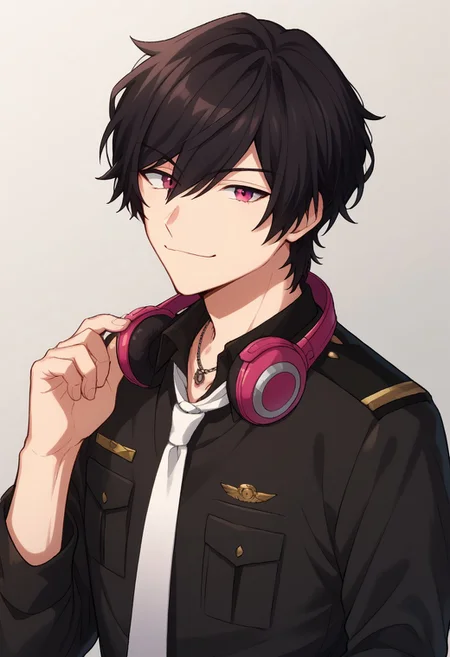 score_9, score_8_up, score_7_up, source_anime, highly detailed, 
faithbeams, 1boy, male focus, necktie, solo, headphones, black hair, looking at viewer,
headphones around neck, smile, white necktie, shirt, upper body, black shirt,
pink eyes, hand up, closed mouth, necklace, hair between eyes, jewelry, bangs,