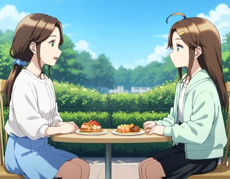 score_9, score_8_up, score_7_up, source_anime, from side, outdoors, blue sky, day, blurry, 2girls, BREAK
looking at another, talking, open mouth,
konomi moriya, long hair, brown hair, parted bangs, sidelocks, dark green eyes, low ponytail,
blue hair scrunchie, casual outfit, collarbone, white blouse, medium sleeves, blue skirt
sitting on chair,
<lora:konomi_moriya_anime-soralz:0.7>
ADDCOL
table, food, window, park,
ADDCOL
looking at another, children, drinking, glass, straw,
marika shiraishi, brown hair, long hair, parted bangs, sidelocks, ahoge, hairclip, blue eyes,
casual outfit, green jacket, white shirt, long sleeves, open clothes, black skirt,
sitting on chair,
<lora:marika_shiraishi_takae_nijima_anime-soralz:0.7>