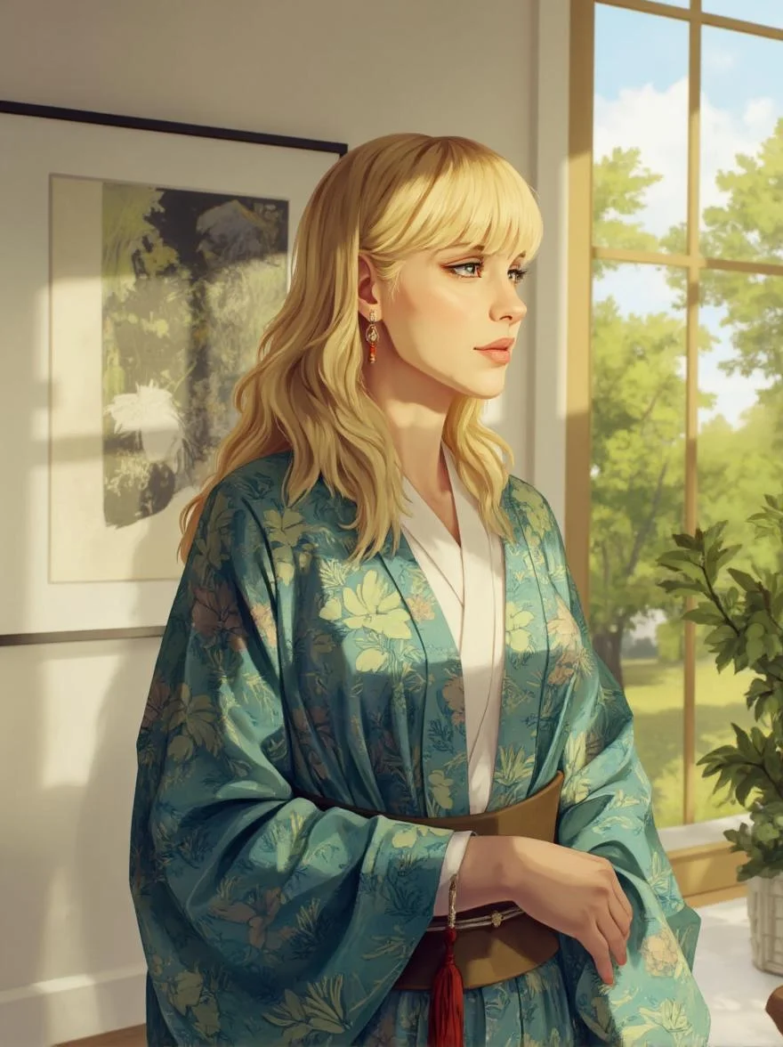 <lora:ck-LttleGhost-000011.safetensors:1> in the style of ck-lttlegh0stA serene blonde woman with fair skin and subtle makeup wears a stunning blue-green floral kimono adorned with a crimson tassel. She stands in front of an abstract art piece on a white wall, with a blurred view of greenery and sky through a large window behind her. The room is bathed in soft, golden light.
