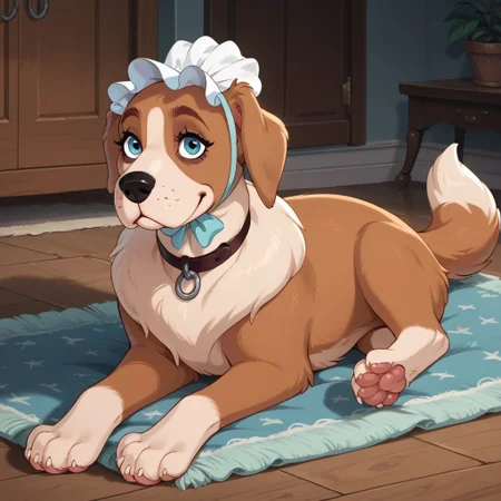 score_9, score_8_up, score_8, score_7, score_6_up, source_cartoon, Nana(PP), Solo, 1girl, feral, dog, Saint Bernard, brown and tan fur, blue eyes, floppy dog ears, bushy dog tail, black nose, nursemaid hat, black collar, full body, looking at viewer, smile, lying on stomach, living room setting,