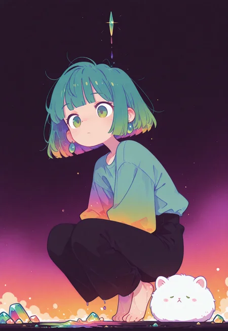 masterpiece, best quality, newest, very awa, Smooth, no lineart, no outline, very aesthetic, flat colors, colorful themes, High Saturation, orenji,
1girl, petite, cute, emerald hair, bob cut, short hair, green eyes, fair skin, messy hair, gradient purple background,
tippy toes, lean, fl4t,
