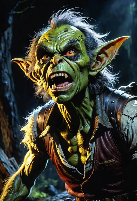 ((best quality)), ((masterpiece)), RTX, 8k, HDR, film plot, watercolor, oil paints, bright saturated colors, Bernie Wrightson, Darek Zabrocki, Gabriele Dell'otto, Ai Yazawa, Aleksi Briclot,image of a scary and grungy goblin, caricature style, scream, dark aesthetics, illuminating light, full frame, action pose, provocative gesture, insane detail, intricate details, beautifully shot, sharp focus, 6perfect anatomy, best composition, high contrast, cinematic, best art, atmospheric, gloomy, grotesque