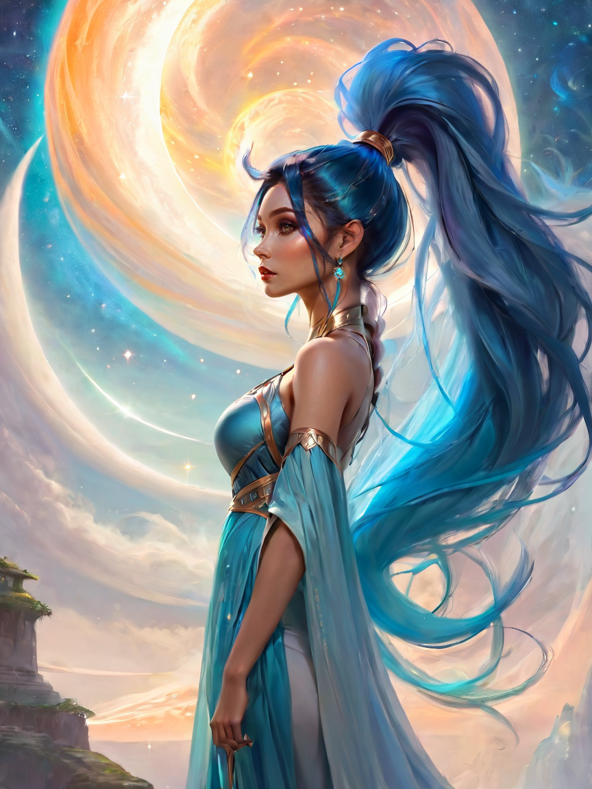 ethereal fantasy concept art of  beautiful woman with a mega ponytail <lora:xl_n15g_aio_hairstyles-1.0:0.8> . magnificent, celestial, ethereal, painterly, epic, majestic, magical, fantasy art, cover art, dreamy