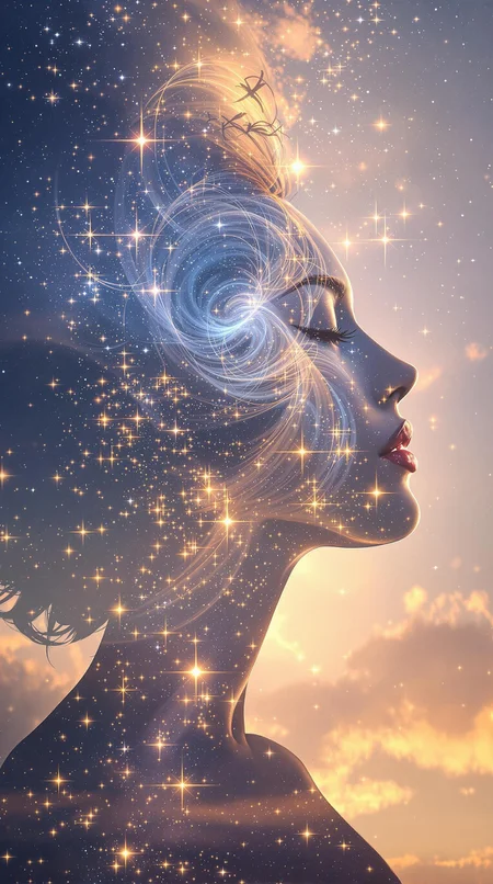 Softly fading sunlight casts a warm glow on the woman's serene face, her silhouette a celestial canvas of swirling galaxies and shimmering stars. Ethereal light dancing across her features, as a radiant aura envelops her, merging harmoniously with the sky's gentle hues. The cosmos within her outline twinkles like diamonds scattered across the heavens, taking refuge within her essence.