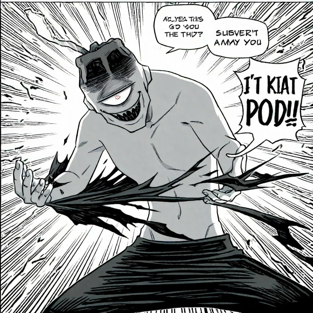 simple shadows, 1boy, male,standing,fighting stance, white body,single eye,evil smile,teeth,white nipple ,small body,(manga,comicbookpencils,monochrome,comic_manga, manga page,english text,speedlines,speech bubble,black and white color,short and skinny body,shirtless,ripping clothes,bare chest:1.35),ripped clothes,torn black shirt,torn black pants,black boots,twiggy,cowboy shot,looking at the viewer,