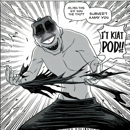 simple shadows, 1boy, male,standing,fighting stance, white body,single eye,evil smile,teeth,white nipple ,small body,(manga,comicbookpencils,monochrome,comic_manga, manga page,english text,speedlines,speech bubble,black and white color,short and skinny body,shirtless,ripping clothes,bare chest:1.35),ripped clothes,torn black shirt,torn black pants,black boots,twiggy,cowboy shot,looking at the viewer,