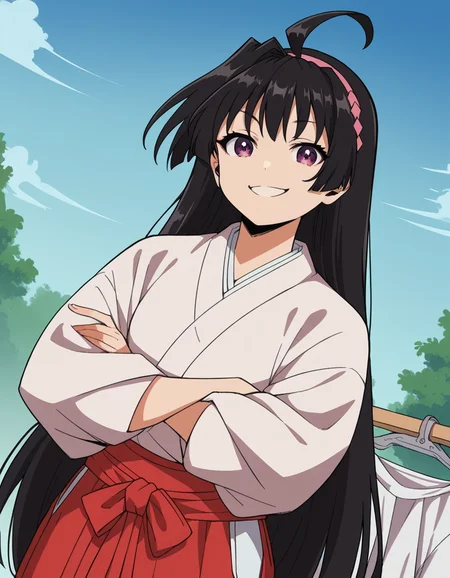 score_9, score_8_up, score_7_up, source_anime, <lora:ayako-mochizuki-s1-ponyxl-lora-nochekaiser:1>, ayako mochizuki, long hair, black hair, purple eyes, ahoge, hairband,, skirt, japanese clothes, hakama, miko, red hakama,, laundry day, clothesline, drying clothes, domestic life, fresh air, blue sky, smile, looking at viewer, crossed arms, smug, solo,, cowboy shot, dutch angle