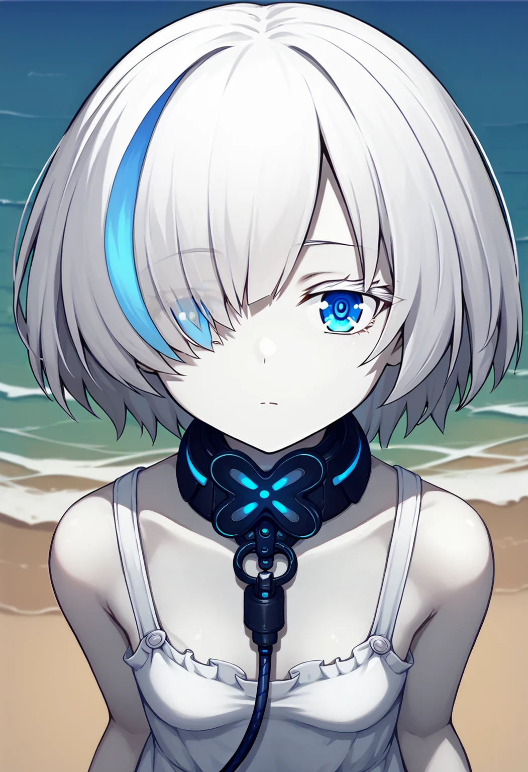 score_9, score_7_up, BREAK, ocean, white sundress, collar, cable, close-up, looking at viewer,
<lora:tbazurlanev2:1>, white skin, blue eyes, multicolored hair, streaked hair, colored eyelashes, tbtypea, short hair, hair over one eye, small breasts