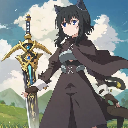 score_9, score_8_up, score_7_up, source_anime, best quality, masterpiece, absurdres, 1girl, fran, Tensei Shitara Slime Datta Ken, cowboy shot, wide shot, sword on back, outside, grasslands, grass, clear sky, <lora:fran-tensura-ponyXL-v0.5:1>