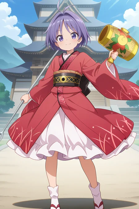 absurdres, highres, masterpiece, best quality, amazing quality, official anime artwork, screencap, anime screencap, outdoors, light smile, looking at viewer, dynamic pose, shining needle castle, 
 <lora:Shinmyoumaru-Sukuna_Illustrious:1> sukuna shinmyoumaru, 1girl, solo, blue eyes, purple eyes, blue hair, purple hair, short hair, antena hair,, japanese clothes, red kimono, long sleeves, wide sleeves, sash, white skirt,  minigirl, no hat, 
holding, miracle mallet,
