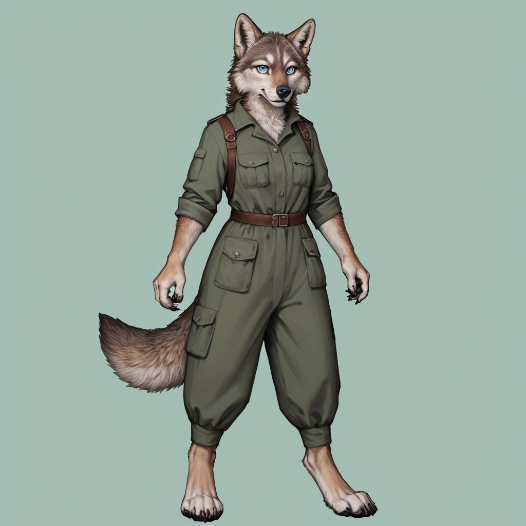 score_9, score_8_up, score_7_up, source_furry, detailed face, detailed eyes, incredible detail BREAK 1girl, solo, anthro, wide shot (furry female, wolf, light brown fur, monotone fur, light blue eyes,slightly wide hips, small breasts), black nose, whiskers, ear flop, solo, looking at viewer, simple background, green background, full body, hunter outfit, archer outfit