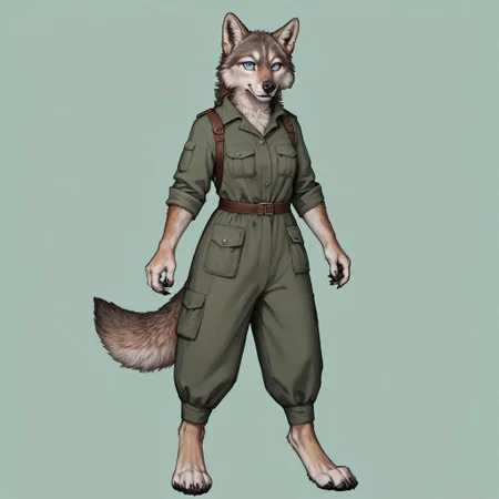 score_9, score_8_up, score_7_up, source_furry, detailed face, detailed eyes, incredible detail BREAK 1girl, solo, anthro, wide shot (furry female, wolf, light brown fur, monotone fur, light blue eyes,slightly wide hips, small breasts), black nose, whiskers, ear flop, solo, looking at viewer, simple background, green background, full body, hunter outfit, archer outfit