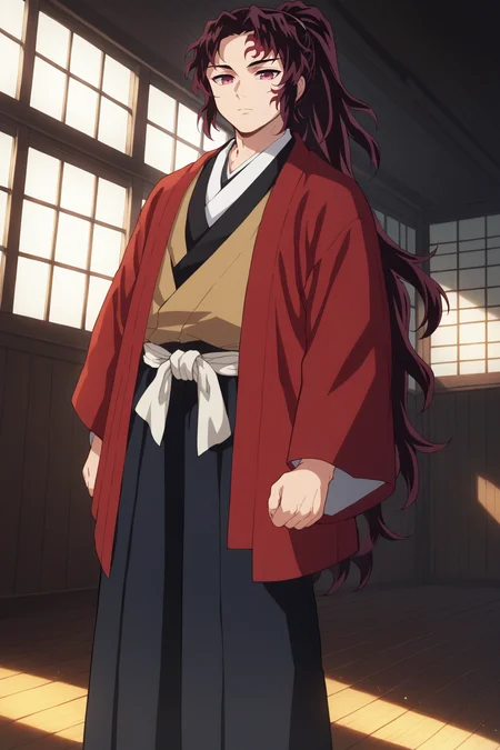 score_9, score_8_up, score_7_up, source_anime, prefect lighting, very aesthetic, intricate details, highly detailed background, masterpiece, high quality, prefect hands, best quality, solo,
<lora:Yoriichi_Tsugikuni_Demon_Slayer_V1:.85>, KJOyoriichi, dark hair, dark red hair, scar on face, ponytail, dark pink eyes, long hair, ponytail,
hakama, white socks,
standing, expressionless, looking at viewer, dutch angle, cowboy shot, katana,
room, wooden wall, wooden floor, window, sunlight,
1boy,