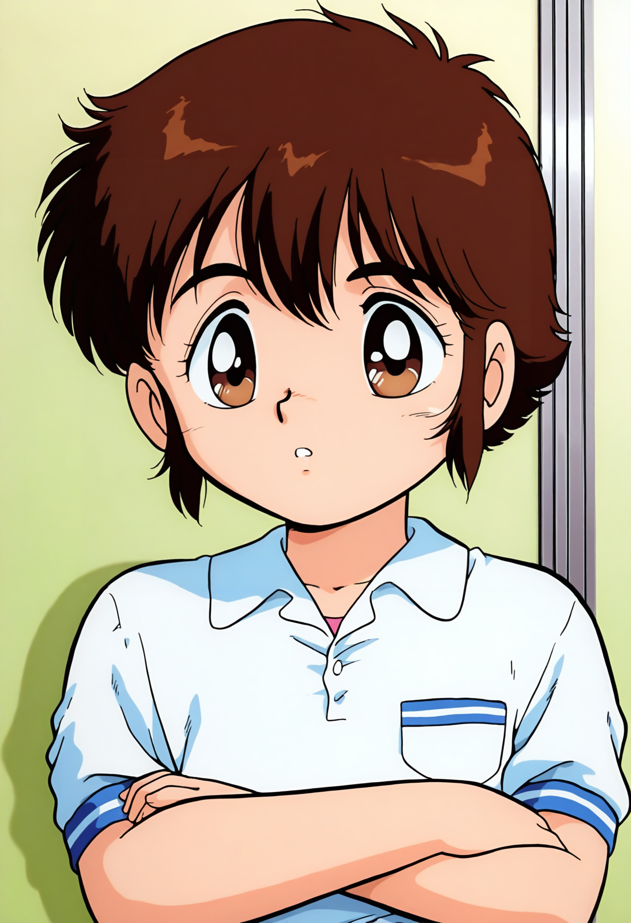 best hands, 5 fingers <lora:Preg Female Teacher_IL1.4:0.8>, anime screencap, seductive pose, aged down, 
Preg Female Teacher, shinozaki-rei style, 1boy, Brown short hair, Sideburns, bow, Brown eyes, retro artstyle, collared short sleeves,
BREAK indoors, Dressing room, washroom, shadow,