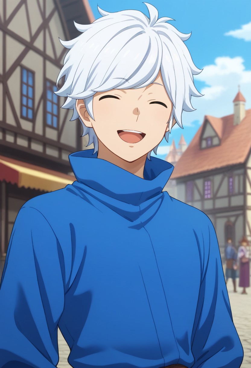 score_9, score_7_up, source_anime 
belcranel, 1boy, male focus, solo, white hair, closed eyes, open mouth, smile, shirt, blue shirt, high collar, upper body,
outdoor, village, medieval,
