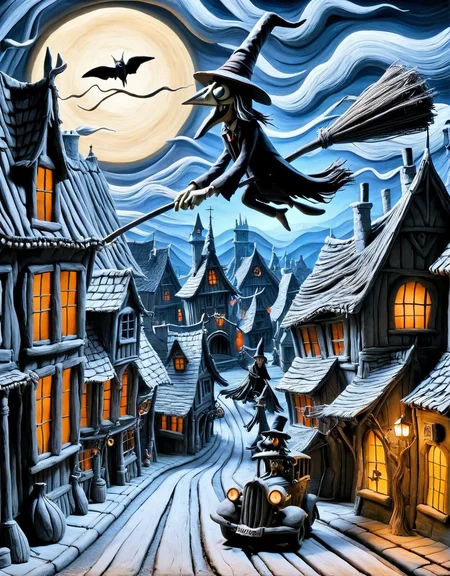 ais-drkclymtn a broomstick flying over a quaint town <lora:ais-drkclymtn-sdxl:1>