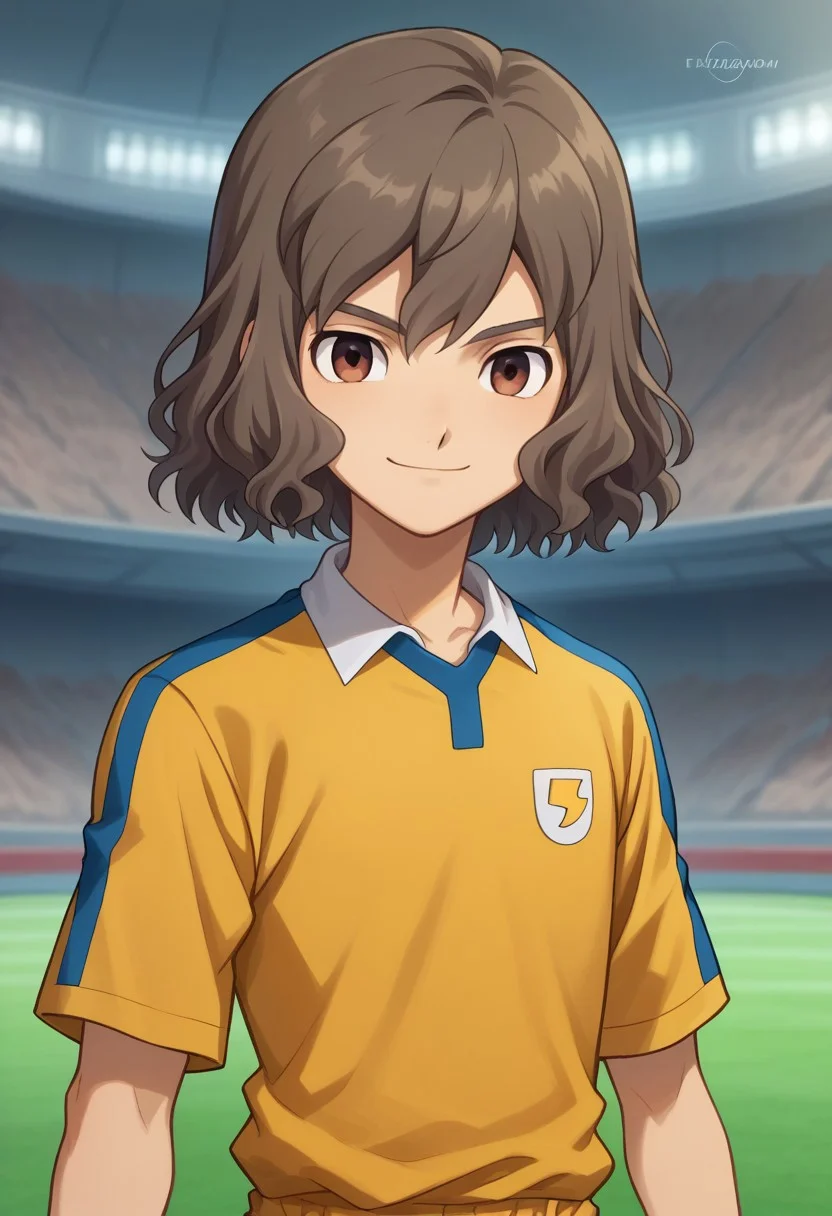 score_9, score_8_up, score_7_up, source_anime, highly detailed,
takuma, 1boy, male focus, solo, grayish-brown hair, brown eyes, sportwear, soccer uniform, raimon soccer uniform, raimon, shirt, yellow shirt, short sleeves, smile
outdoor,