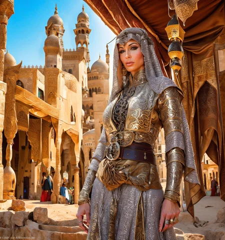 RAW photo, (masterpiece:1.3), subsurface scattering, heavy shadow, (high quality:1.4), (intricate, high detail:1.2), professional photography, HDR, High Dynamic Range, realistic, ultra realistic, photorealistic, high resolution, film photography, ambient lighting, atmospheric effects, <lora:detail_slider_v4:2>, OverallDetail, Jewels, <lora:Jewels-10:1>, earrings, upper body shot, as an arabian warrior, wearing intricate medieval arabian chainmail armor, veil, belt, ArAr, <lora:ArabianArmor-10:0.76>, in a street with arabian houses, arto, <lora:ArabianTown-10:0.78>, ((perfect hands)), epiCPhoto