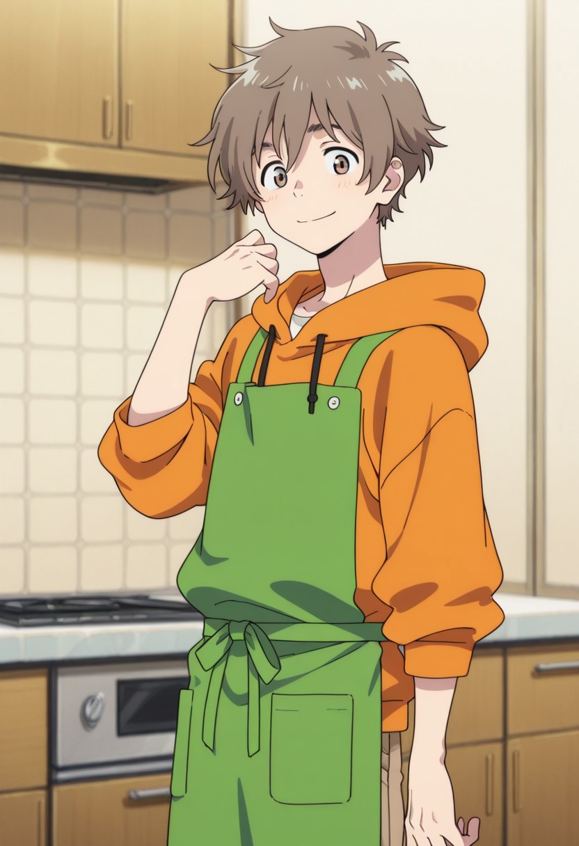 masterpiece,best quality,amazing quality, source_anime, 
shunhashimoto, 1boy, male focus, solo, brown eyes, brown hair, hoodie, orange hoodie, apron, green apron, brown pants, smile,