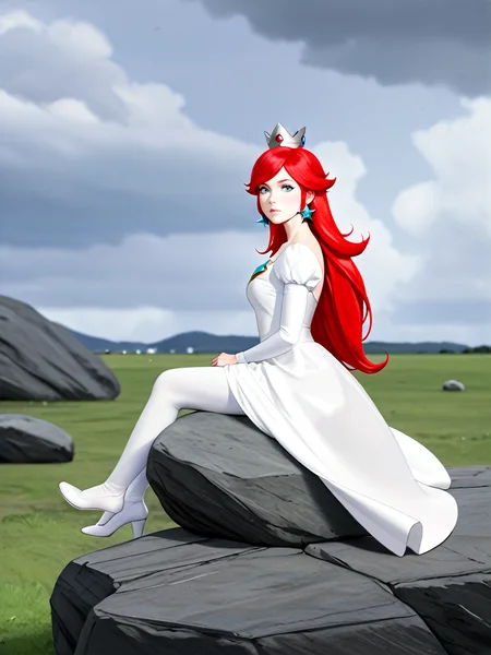 realistic, photorealistic, very aesthetic, best quality, absurdres, masterpiece, best quality, amazing quality, newest, scenery, depth of field, high-resolution, high definition, visually intense anaglyphic experience, hallucinations, editorial photography, journalistic style, candid, volumetric, candid, 1girl, solo, princess rosalina, red hair, silver eyes, dark skin, goth, sitting, outdoors, sitting on rock, grass, dark theme, realistic, photorealistic, very aesthetic, best quality, absurdres, masterpiece, best quality, amazing quality, newest, scenery, depth of field