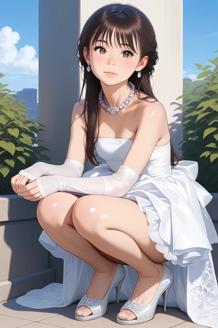 1girl, <lora:white_high_low_dressV1_Illustrious:1> ,white high-low dress,lace train,ruffled skirt,bare shoulders,strapless,pearl necklace,jewelry,white lace elbow gloves,white footwear,outdoors, high heels, , masterpiece, best quality, amazing quality, newest,