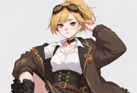 score_9, score_8_up, score_7_up, 1girl, short, pale skin, cute face, green eyes, freckles, short blonde hair, ponytail, side bangs, petite, medium breasts, choker, wearing a black bolero jacket over a loose white shirt, brown pantaloons, black laced boots, belts, wearing steampunk goggles