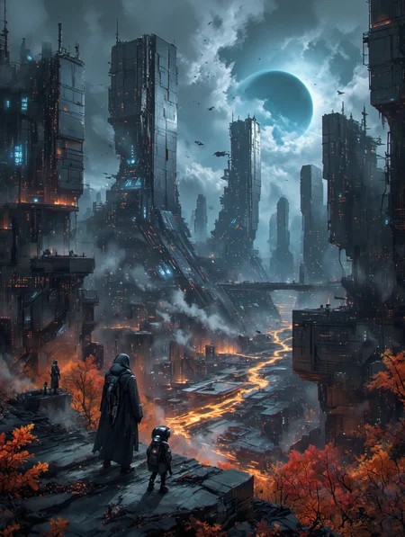 Cinematic sci-fi cityscape at dusk, gothic cyberpunk architecture with towering spires and glowing orange lava rivers running through the streets. A lone cloaked figure and their small robot companion stand on a ruined ledge, overlooking the surreal metropolis. High detail, dramatic volumetric lighting, sharp contrasts, deep blue shadows and vivid warm highlights. Dreamlike sky with giant sun and stylized clouds. Fall foliage in bright red-orange tones. Film grain, raytraced reflections, masterpiece quality, emotionally intense and visually striking composition.