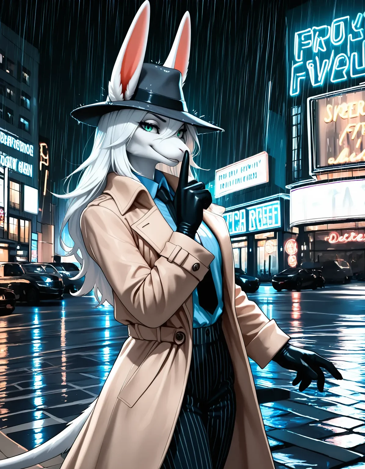 realistic, photo, newest, masterpiece, best quality, beautiful lighting, very aesthetic, mixed media, photo background, very awa, perfect composition, BREAK,
1girl, female, solo, blue eyes, from side, looking at viewer, amused, smirk, shushing, hand up, tail, cowboy shot, black and white, greyscale, detective, tan trench coat, long coat, black gloves, fedora, wide-brim hat, pinstripe trousers, walking, tie, collared shirt, smoking cigarette, mysterious expression, noir style, urban setting, shadowy lighting, confident, BREAK, FreyaC, female, white fur, white hair, green eyes, tail, ears, long ears, city background, neon lights, reflections, puddles, rain, street, night,
<lora:Freya v11bNoob9s96:0.8> <lora:noobai_ep11_stabilizer_v0.138_fp16:0.8>