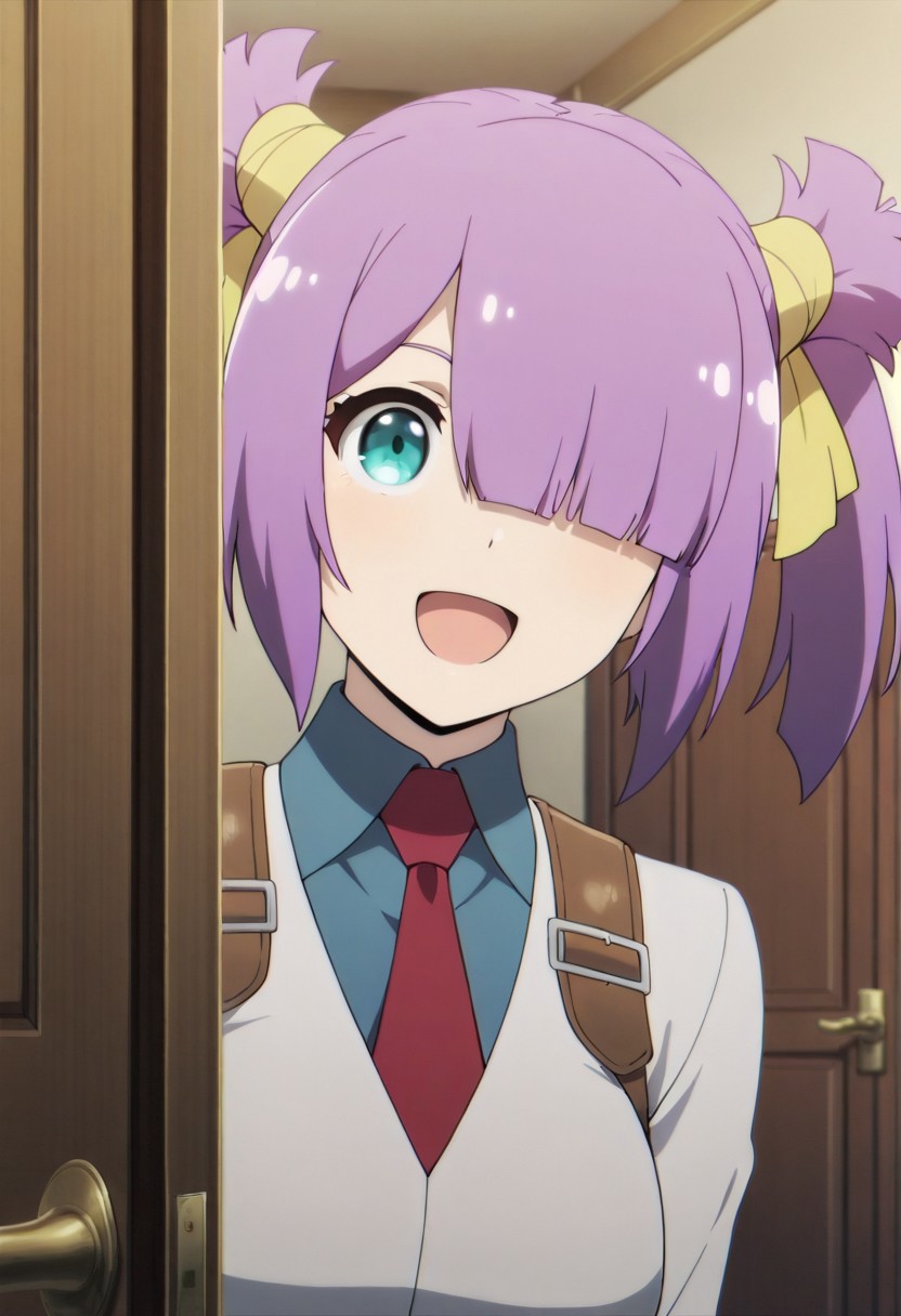 masterpiece,best quality,amazing quality, laura satii, purple hair, turquoise eyes, short hair, 1girl, solo, necktie, hair over one eye, twintails, smile, red necktie, shirt, open mouth, door, indoors, hair ribbon, collared shirt