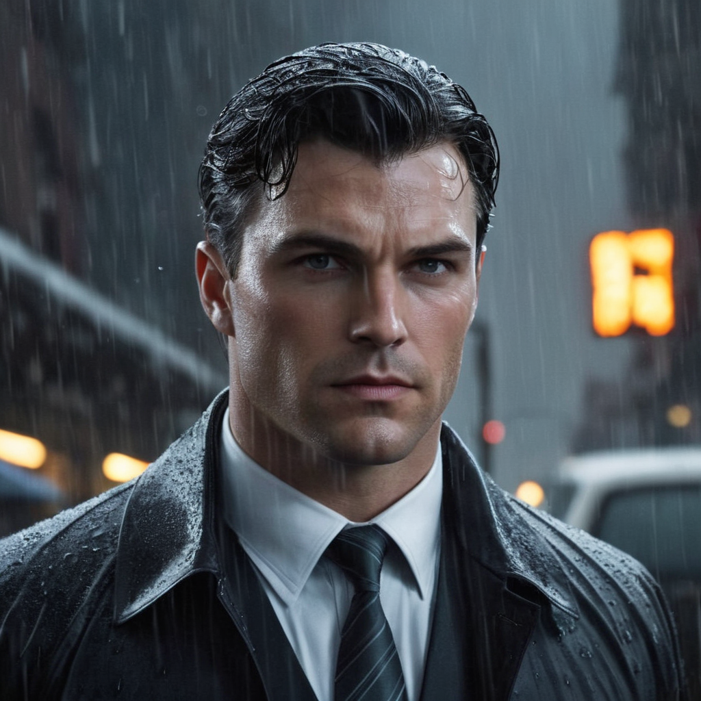 Hyperrealistic art of  <lora:Bruce Wayne:1.2>
Bruce Wayne a perfect lookingman in a suit and tie standing in the rain In Gotham City Universe, Extremely high-resolution details, photographic, realism pushed to extreme, fine texture, incredibly lifelike