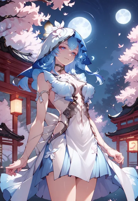 score_9,score_8_up,score_7_up, 1girl, solo, SHOREKEEPER (WUTHERING WAVES), cowboy shot, dramatic lighting, japanese cherry blossom, trees, night lights, moon