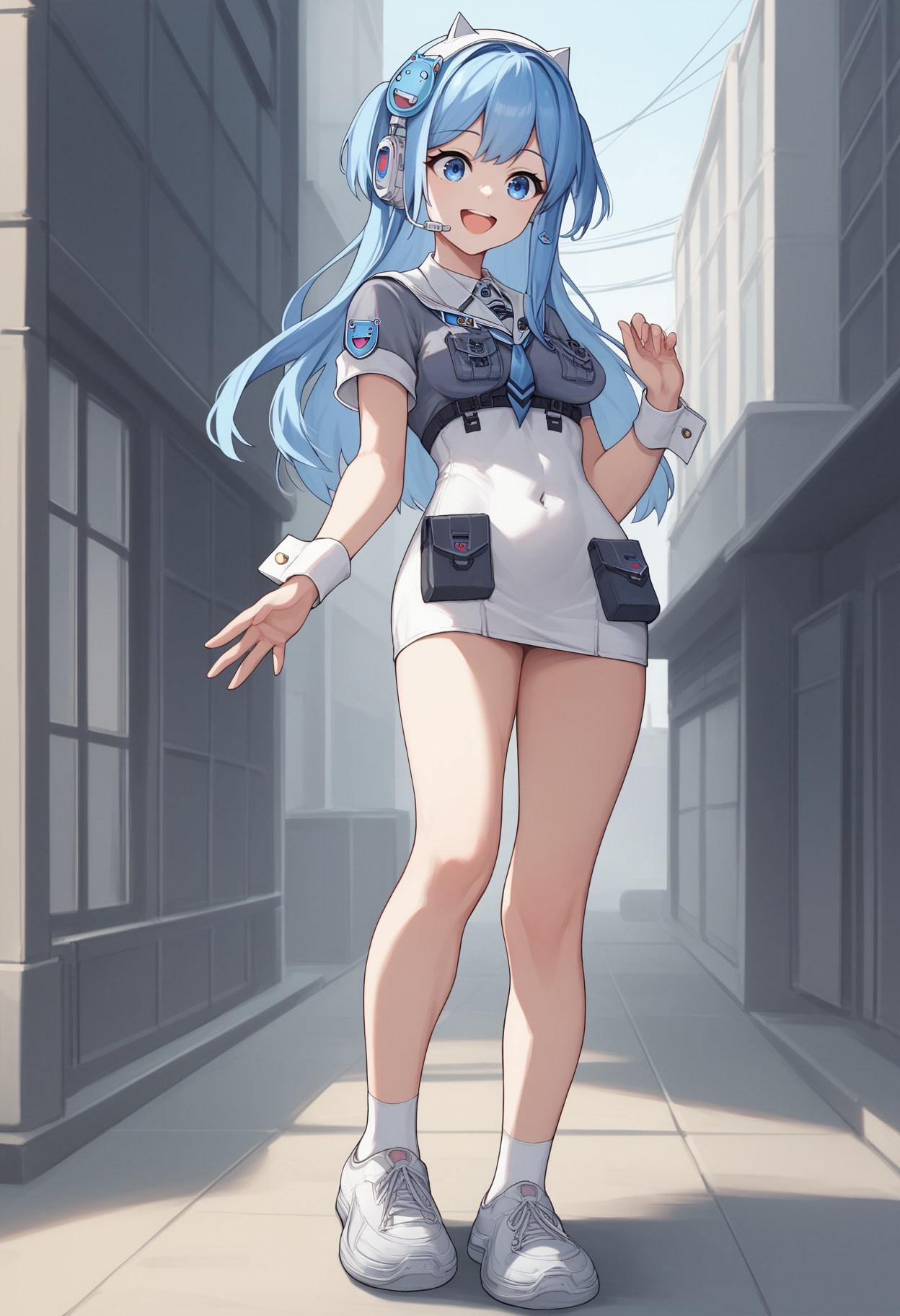 score_9, score_8_up, score_7_up, source_anime BREAK 1girl, solo, standing, <lora:shifty-nikke-richy-v1_pdxl:1> shifty, blue eyes, blue hair, two side up, long hair, hair ornament, animal ear headphones, headset, sailor collar, button badge, serafuku, blue neckerchief, grey shirt, short sleeves, wrist cuffs, breast pockets, breasts, pouch, white dress, covered navel, bare legs, white footwear, sneakers, socks, smile, happy, open mouth,