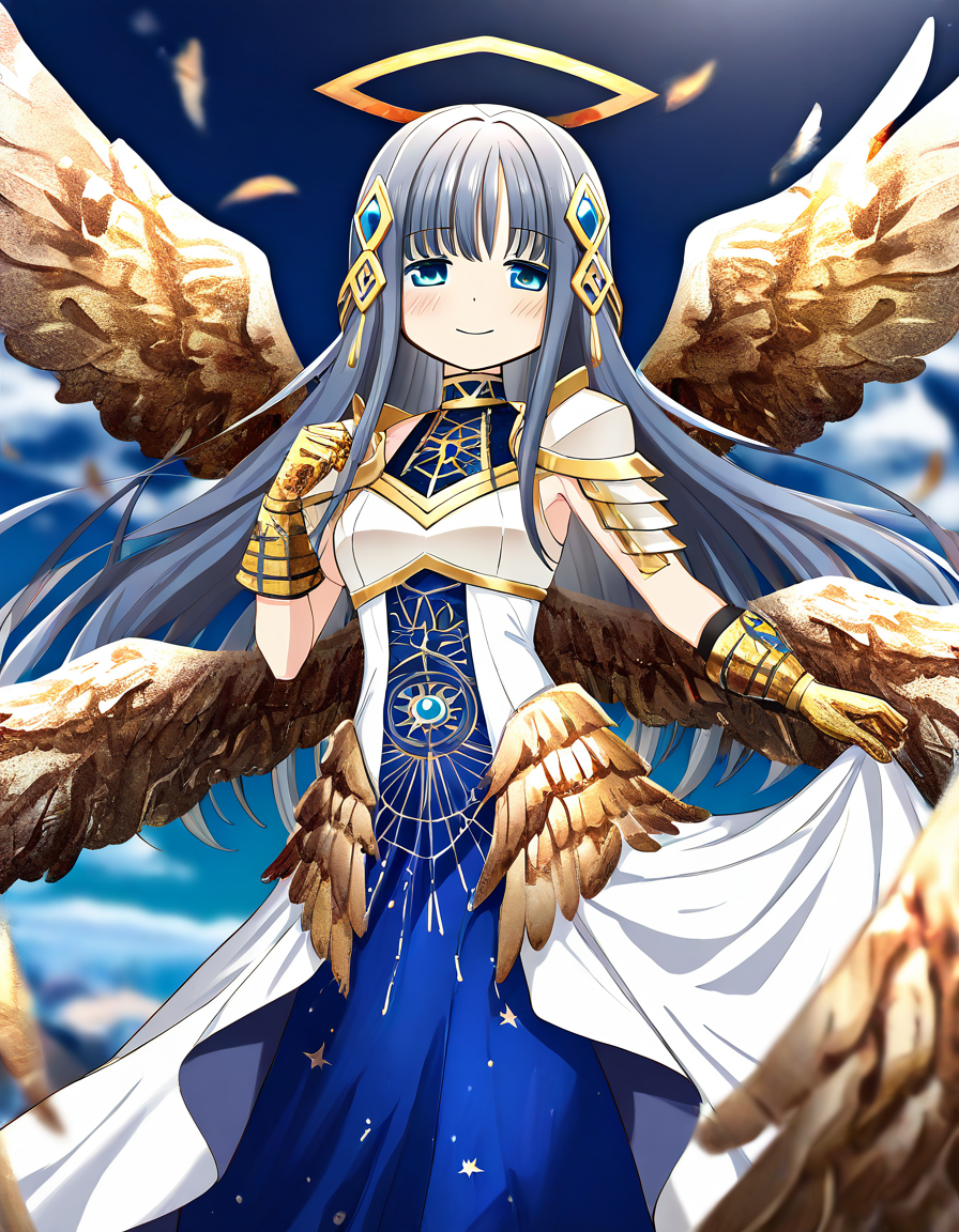 masterpiece, best quality, newest, absurdres, highres, safe, 1girl, nanami yachiyo \(historia ver.\), magia record: mahou shoujo madoka magica gaiden, rhombus halo, multiple wings, white dress, gold gloves, smile, solo, outdoors, dutch angle, <lora:nanami_yachiyo_noobaiXLNAIXL_vPred10Version:0.7>